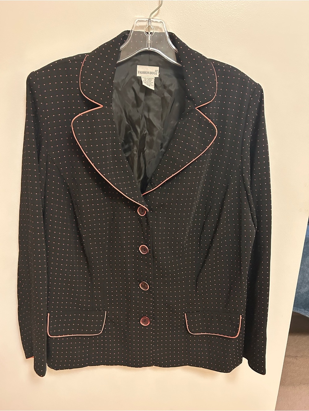 Fashion Bug Black Blazer with Pink Dot Pattern and Pink Piping
